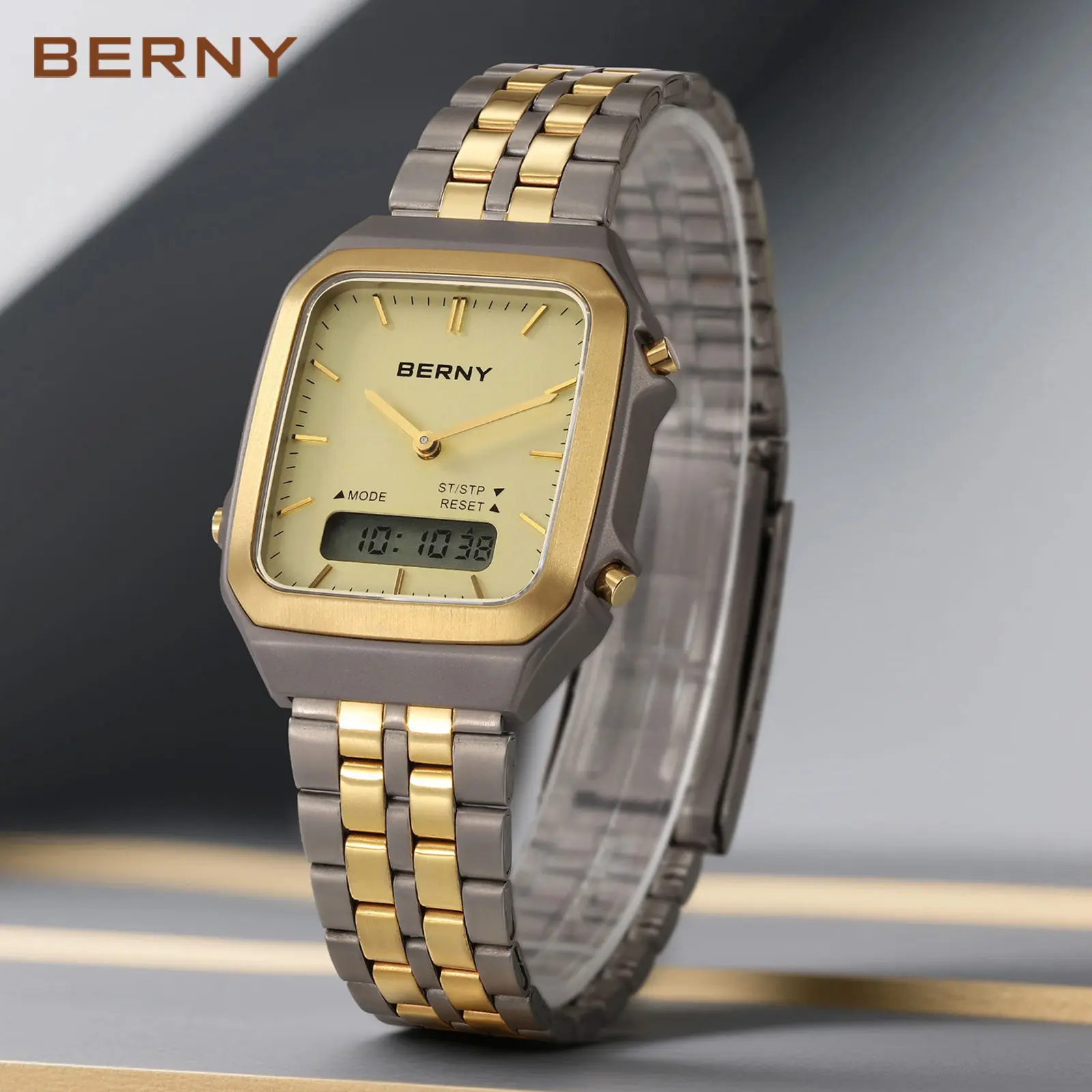 BERNY Square Gold Titanium Watches for Men Dual Digital Analog Display Men's Quartz Wrist Watch 3ATM Waterproof 12/24 Hour Date Alarm Stopwatch Lightweight Retro Modern Design Casual Business Gift, Reloj de Hombre, Father's Day, Summer Accessory