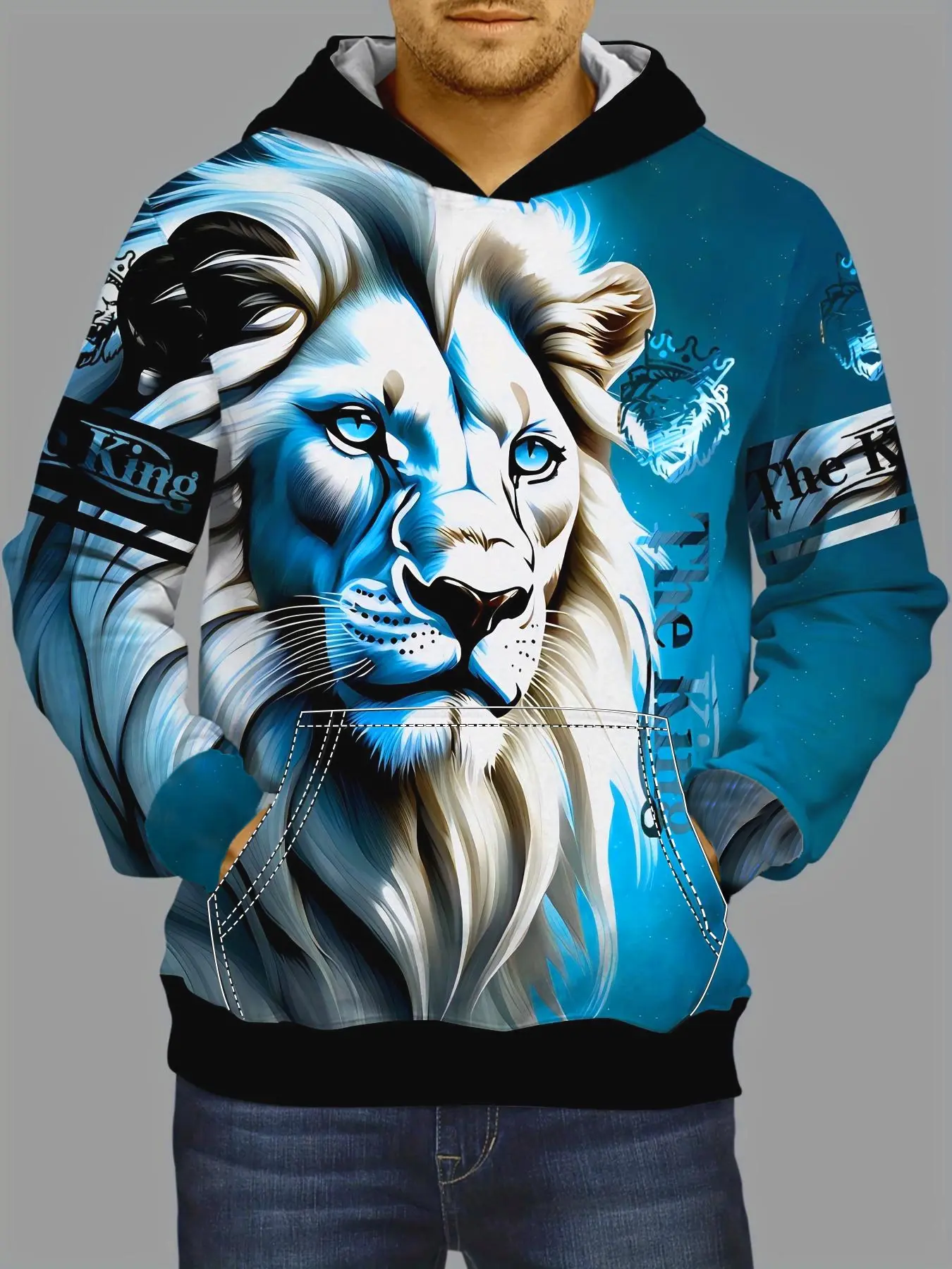 Lion 3D Printed Knit Men's Fitted Hoodie, Casual Streetwear Sweatshirt, Graphic Sweatshirts Hoodie with Kangaroo Pocket, Comfortable Loose Fashion Hooded Pullover, Autumn and Winter Men's Clothing