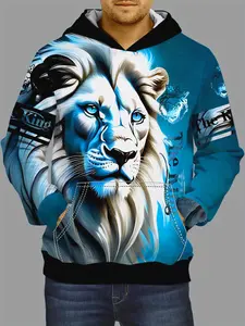 Lion 3D Printed Knit Men's Fitted Hoodie, Graphic Sweatshirts Hoodie with Kangaroo Pocket, Comfortable Loose Fashion Hooded Pullover, Autumn and Winter Men's Clothing