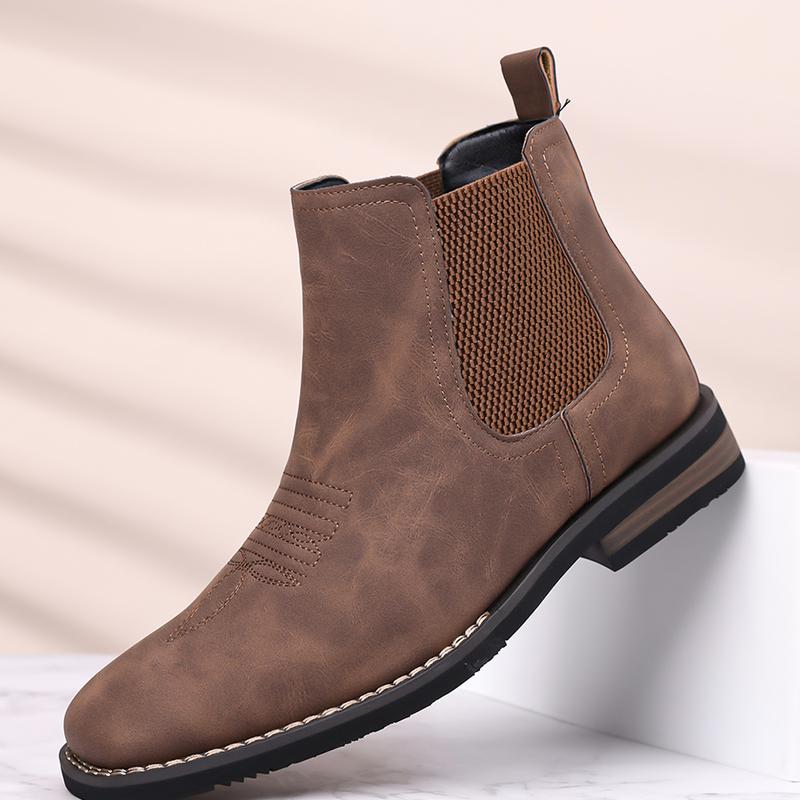 New Winter Men’s Western Cowboy Boots, Square Toe Chelsea Boots, Casual Retro Fashion Classic Comfortable Simple Khaki, Black, and Gray Trendy Men’s Shoes