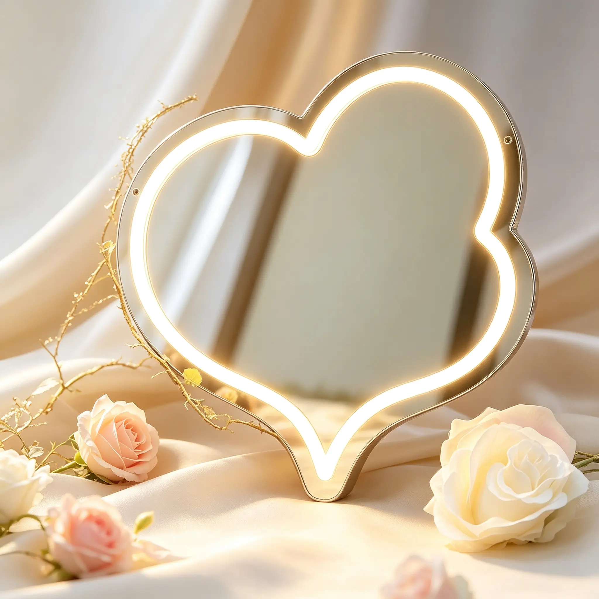 Wall-Mounted Double Heart Shape Vanity Mirror with Glam Look, Warm White Dimmable Light, USB-Powered LED Neon Lamp, Bedroom Home Decor Gift