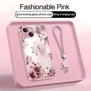 Rose Floral Art 26 letter Phone Case, Suitable for [iPhone 13] high-end women's, Lanyard a beautiful four-leaf clover lanyard is included🍀 952