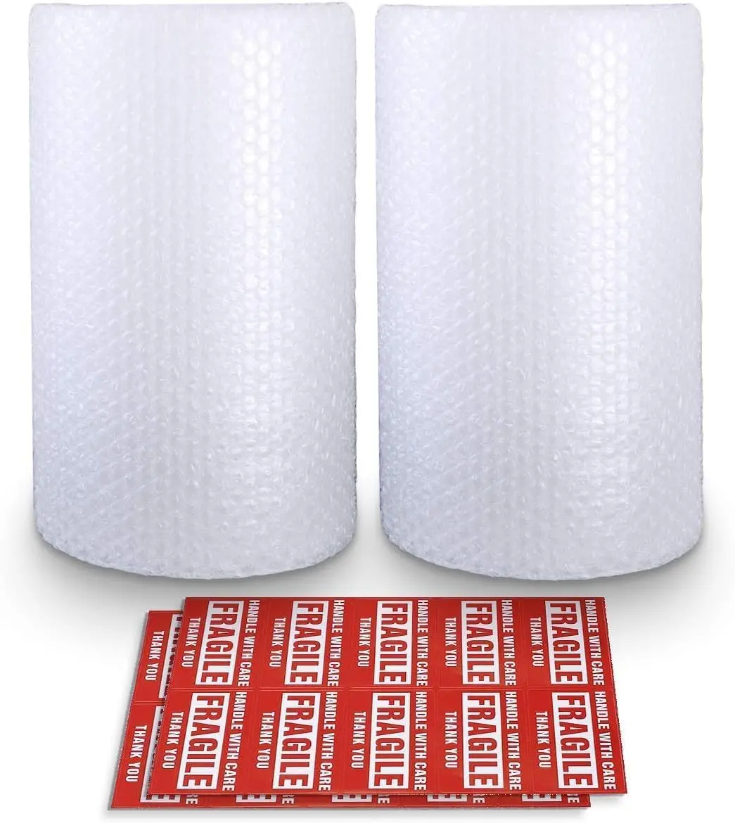 Perforated Bubble Cushioning Wrap Rolls with 20 Fragile Stickers, 2-Pack 3/16" x 12" x 36' (72 Ft Total), Small Bubble Packing Wrap for Moving, Shipping, Mailing, Packaging & Storage