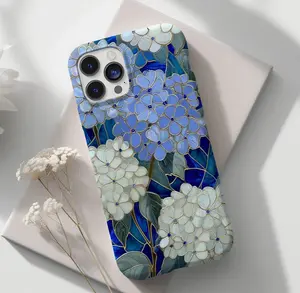 Blue Hydrangea Stained Glass Phone Case – Floral Mother of Pearl Design. Case for IP 11 12 13 14 15 16 17 Pro, Plus, Promax, S21,22,23,24,25 Ultra, Tough Case, Magsafe Case