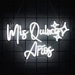 "Mis Quince Años" LED Neon Sign - White  Acrylic Wall Decor for 15th Birthday Party, Girl's Bedroom, Celebration & Latin Gift, USB Powered