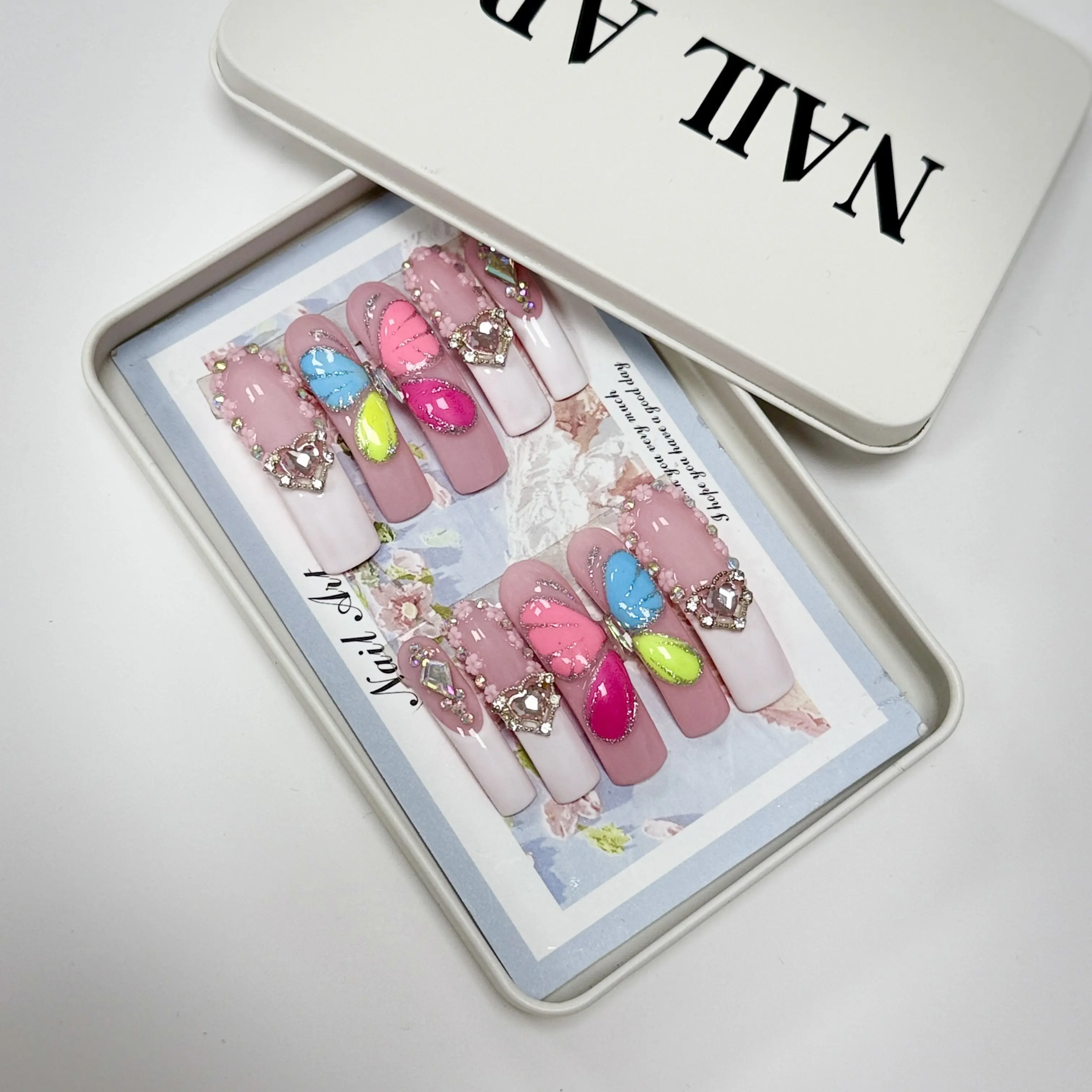 Viral Y2K Curved Hook Press-On Nails | 3D Butterfly & Heart Rhinestone Fake Nails | Long Coffin Claw Nails with Pearl Accents | Reusable Handmade Nail Set