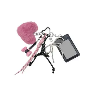 BLACK and PINK Element Fan Support Blink Bag Hanging Key Chain Bag Charm Fashionable Woven Cord Plush Touch Genuine Leather Synthetic Leather Metal Hardware Secure Clasp
