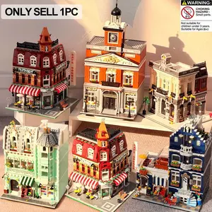Vintage European Street Scene Blocks, Coffee Shop Clock Tower Mini Building Model Kit, Adult Assembly Decorative Gift