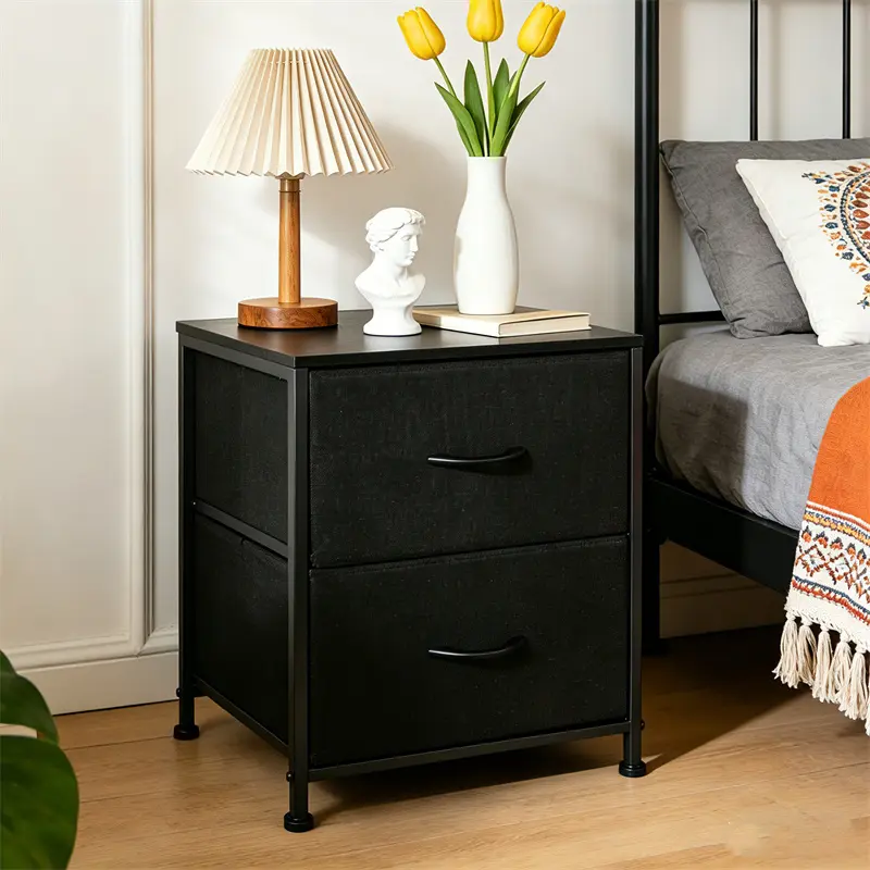 2-Drawer Bedside Table with Wooden Top - Metal Single Unit Small Dresser with Fabric Bins, Side Table for Bedroom, College Dorm, Assembly Required, Sturdy Space-Saving Home Organizer, Side Tables