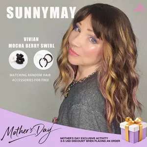 Vivian 18 Inches Mid-Length Water Wave Layered Women Fashion Synthetic Wig Mocha Berry Swirl 3.5X4.5 Hard Silky Top Natural Scalp Soft Wave Glueless Wig Wigs for Women curly bang