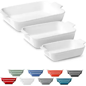 Stoneware Casserole Dish Bakeware Set of 3 | Rectangular Dinnerware Set with Handles [Glossy White]