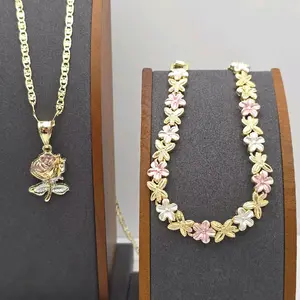 Valentine's day perfect gift Set chain  with Bracelet  flowers and butterflies three colors Gold-plated 7½inches  Gold-plated