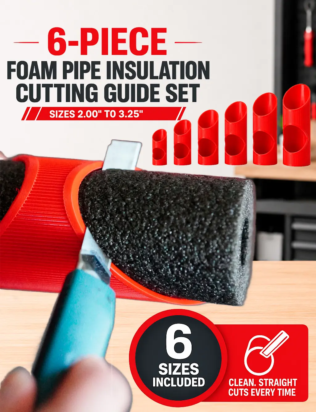 6-Piece Foam Pipe Insulation Cutting Guide Set | 45° & 90° Miter Cutter for Pipe Insulation | Sizes 2.00" (50 mm), 2.25" (57 mm), 2.50" (63 mm), 2.75" (70 mm), 3.00" (76 mm) & 3.25" (82 mm) | Plumbing Tool