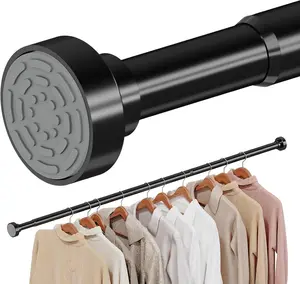 No Drilling Closet Rods for Hanging Clothes, Non Slip Heavy Duty Adjustable Tension Spring Closet Rod 17-69 Inches, for Closet Wardrobe Bathroom Laundry RV, Black