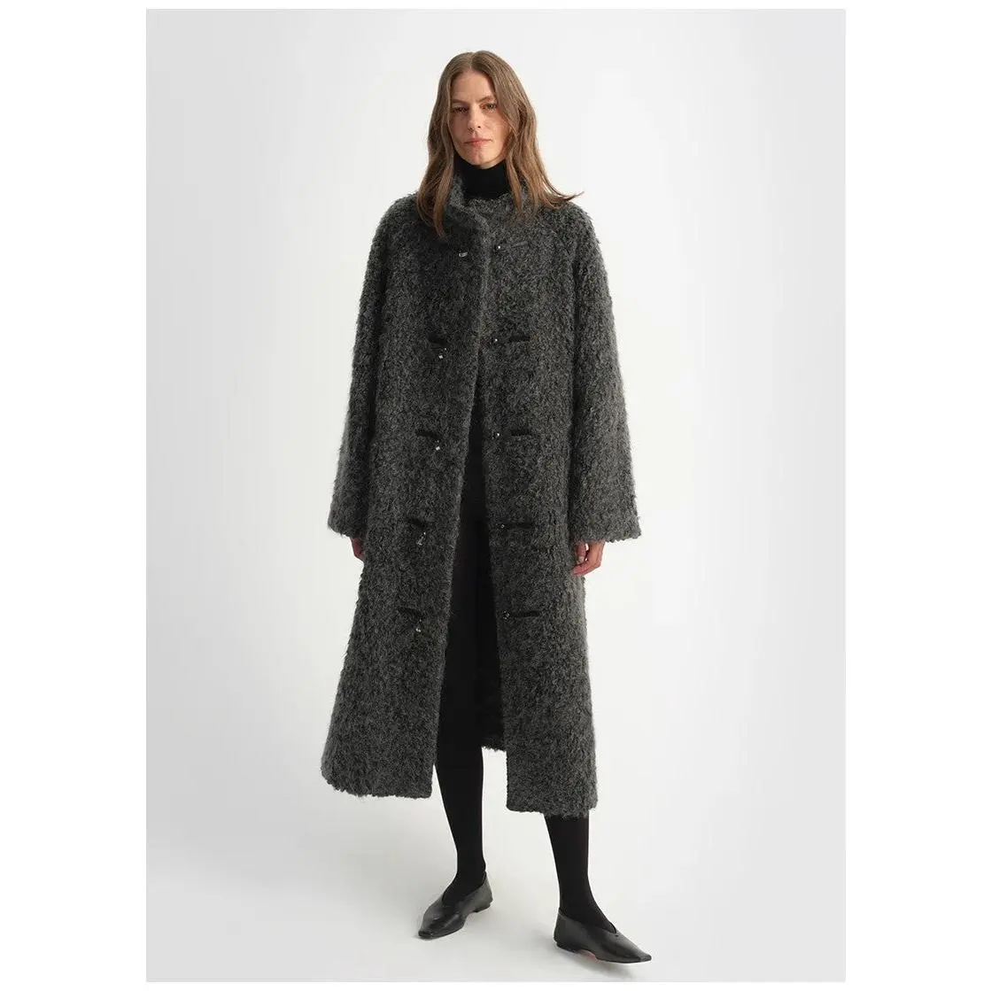 "Parisian Affair" Circle Long Fur Toggle Coat for Women - Black, Minimalist Style, All Seasons, Mohair Blend, Stand Collar, Leather Toggles