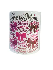 She is Mom Ceramic Coffee Mug, White with Pink Bow Floral Design, 11 oz, Inspirational Mom Gift