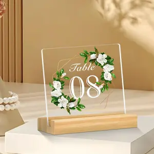 Flower & Letter Pattern Acrylic Table Number with Wooden Base, 8 Pairs/set Wedding Centerpiece, Table Decoration for Wedding & Bridal Shower & Party, Signs