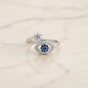 Silver Adjustable Evil Eye Ring in Gold or Silver | CZ Stacking Ring | Dainty Protection Ring | Thin Delicate Good Luck Charm