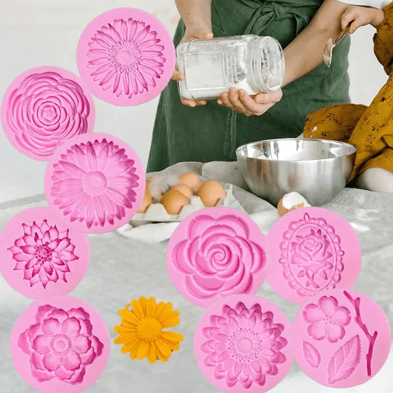 9-Pcs Shaped Silicone Flower Fondant Baking Molds, Reusable Kitchenware Bakeware Accessory for Cupcake Dessert Decor, Chocolate Making, Reusable Mold