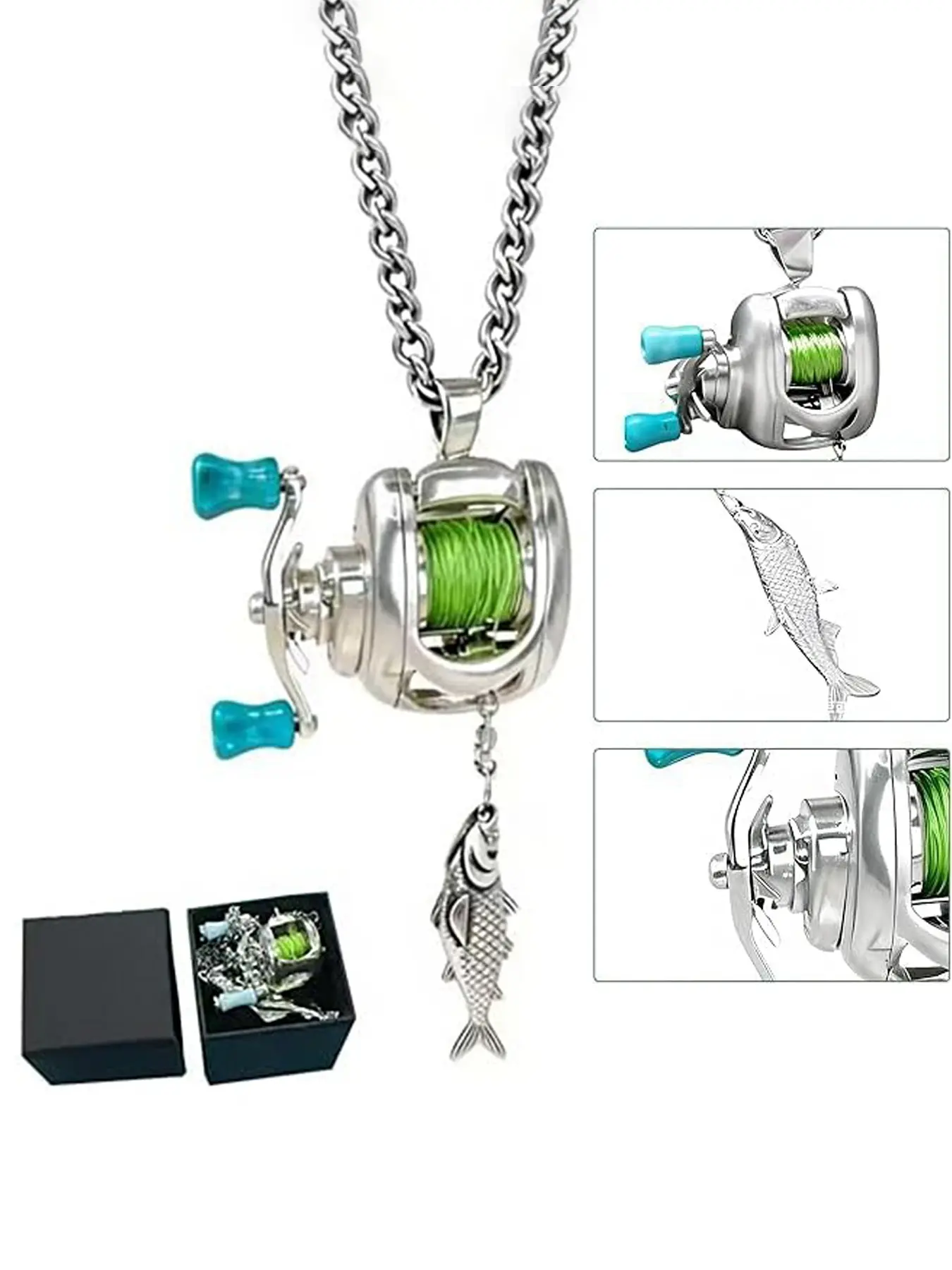 Miniature fishing reel necklace with rotating handle and movable line guide ring, spinning reel fishing gear keychain, spinning reel pendant, Trendy Charms Necklace, perfect for fishing enthusiast