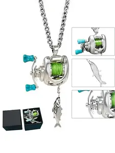 Miniature fishing reel necklace with rotating handle and movable line guide ring, spinning reel fishing gear keychain. A new, fun, and unique fishing reel necklace. Portable spinning reel pendant with a fishing reel design, perfect for fishing enthusiast