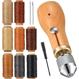 12 Pcs Sewing Awl Kit Portable Leather Sewing Awl Kit Including Handheld Sewing Repair Awl Straight and 8 Rolls Waxed Threads and Bent Needles with Small Screwdriver for DIY Craft