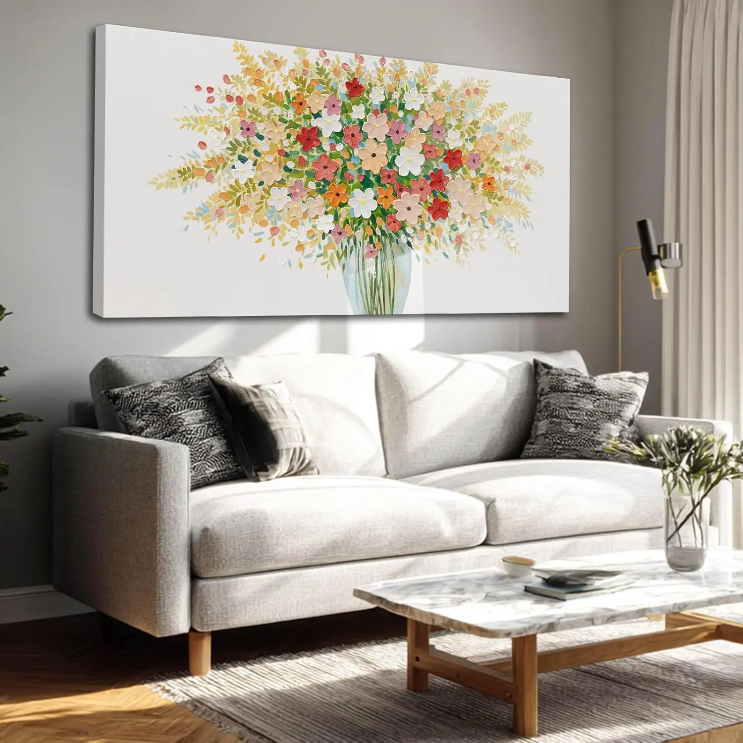 Colorful Wood-Framed Daisy Flowers Wall Art, 24"x48" Canvas Posters, Nature Vintage Home Decor for Bedroom, Dining Room