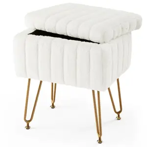 Footstools Ottoman Storage Bench, Vanity Faux Fur Padded Chair with Storage and Adjustable Feet for Makeup Bedroom Entryway
