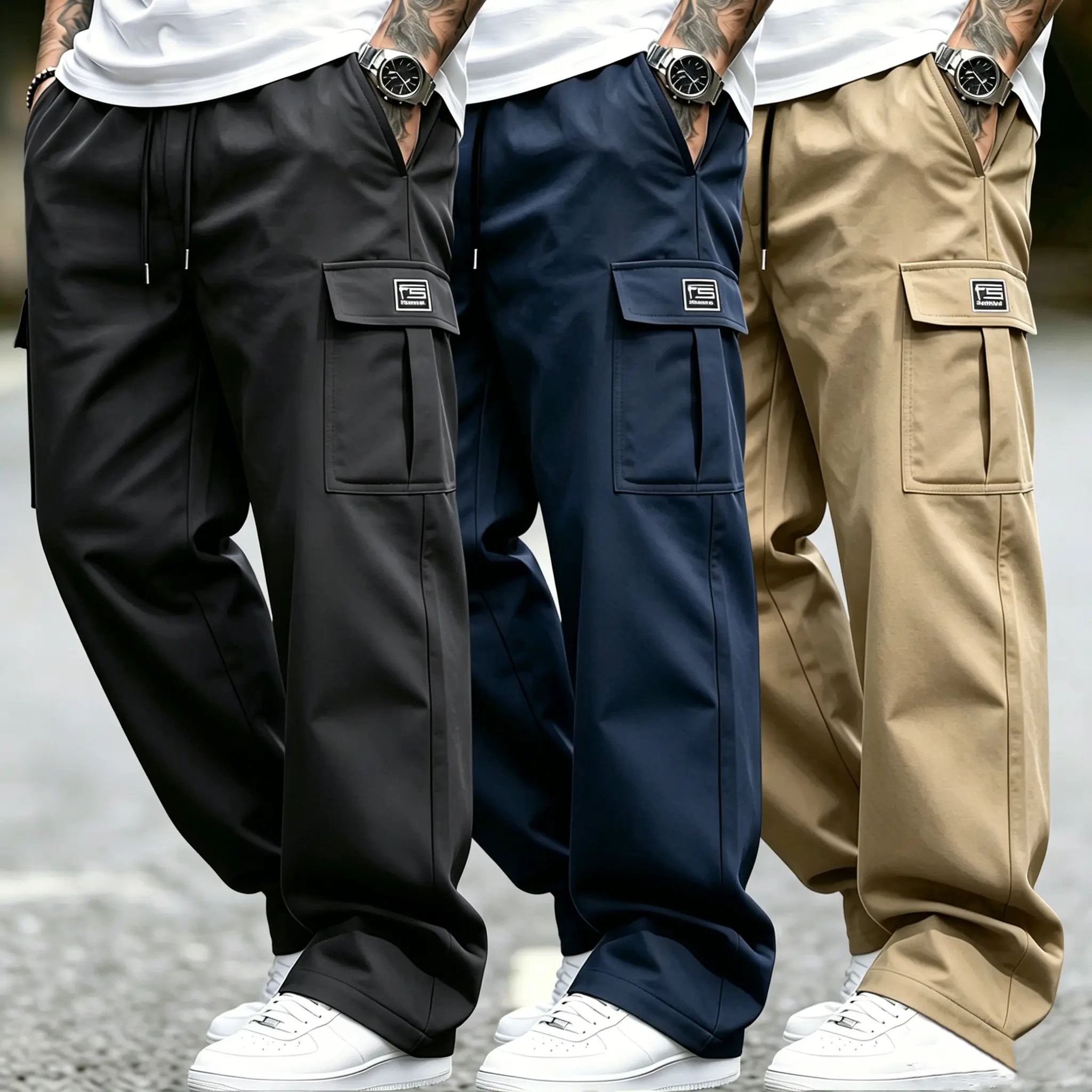Men's 3-Pack Baggy Wide-Leg Cargo Pants - Plain Menswear Trouser, Elastic Waistband, Multiple Pockets, Wrinkle-Resistant Breathable Fabric, Loose Straight Cut, Side Logo Decor, Machine Washable, Casual Streetwear