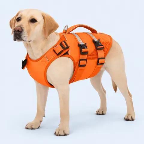 Kuoser Adjustable Dog Life Jacket - Nylon Ripstop Cloth, High Flotation, Adjustable Straps, Brightly Colored, D-Ring, Reflective Safety, Rescue Handle for Small-Medium-Large/XXL Dogs (Swimming, Boating)