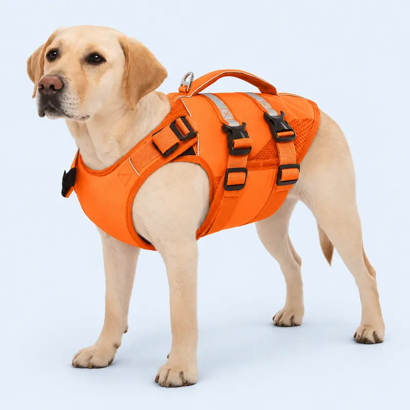 Kuoser Adjustable Dog Life Jacket - Nylon Ripstop Cloth, High Flotation, Adjustable Straps, Brightly Colored, D-Ring, Reflective Safety, Rescue Handle for Small-Medium-Large/XXL Dogs (Swimming, Boating)