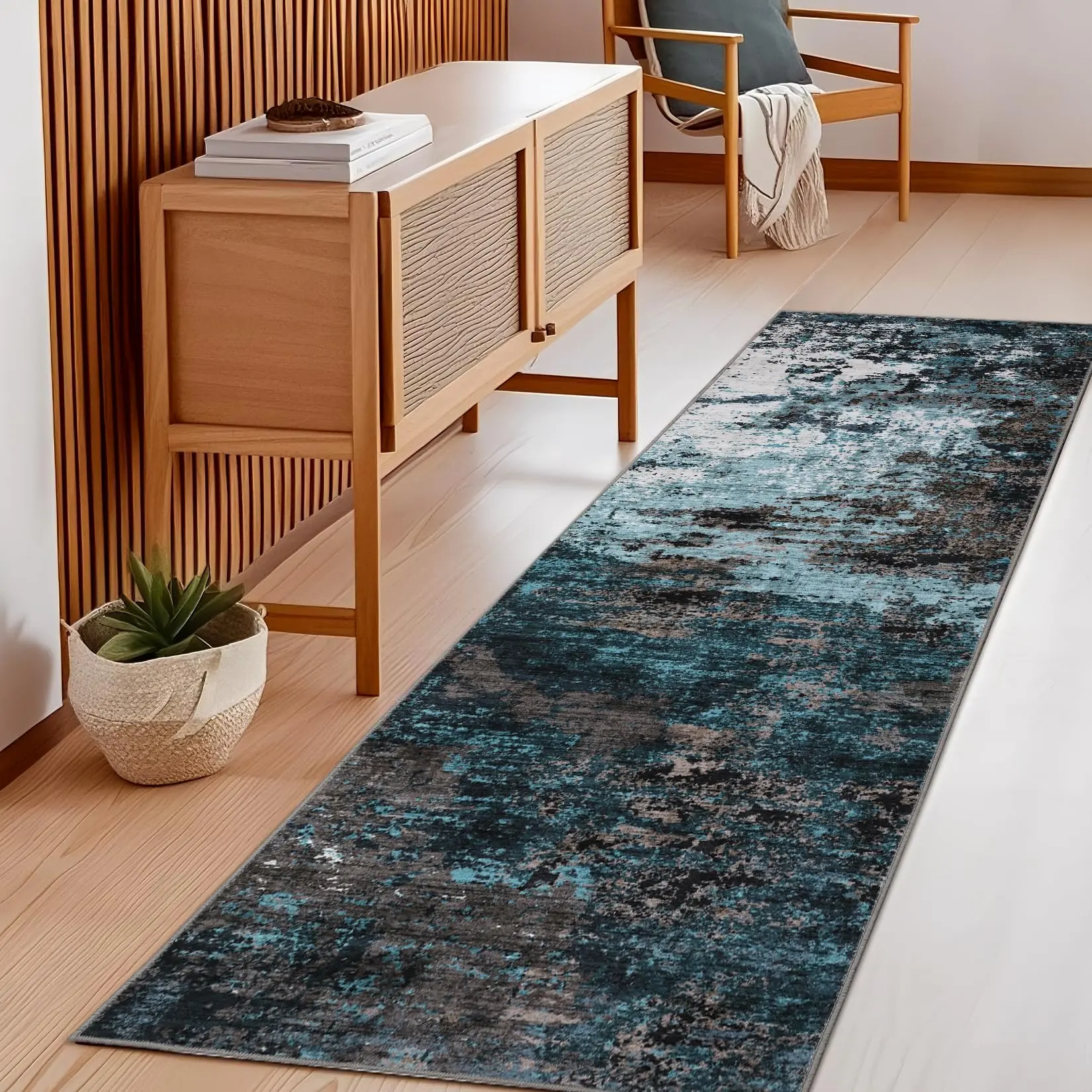GARVEE Washable Area Rugs 2x6 Non-Slip Abstract Runner Rugs, Ultra-Soft Low Pile Floor Cover, Stain Resistant Contemporary Indoor Floor Carpet for Hallway, Bedroom, Laundry, Blue Green
