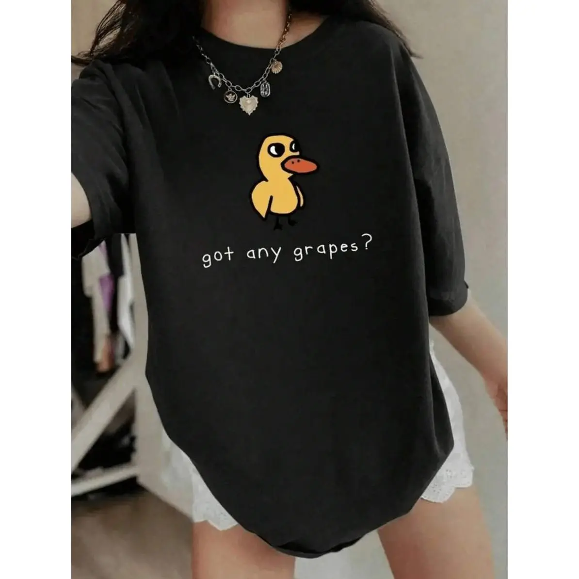 Women's 'Got Any Grapes' Duck Graphic T-Shirt, Casual Oversized Fit in 100% Cotton, Lightweight Breathable Top