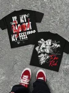 Oversized Black Graphic T-Shirt Menswear Fashion | Y2K Streetwear Hustle Money Print Tee | 'To Be Rich' Statement Top for Hip-Hop Night Out & Street Style