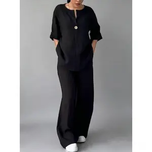 Women's Aesthetic 2-Piece Matching Linen Co-Ord Set - Basic Button Down Shirt & Wide Leg Pants, Breathable Lady Casual Loungewear Nightwear for All Seasons, Summer Soccer Game Days