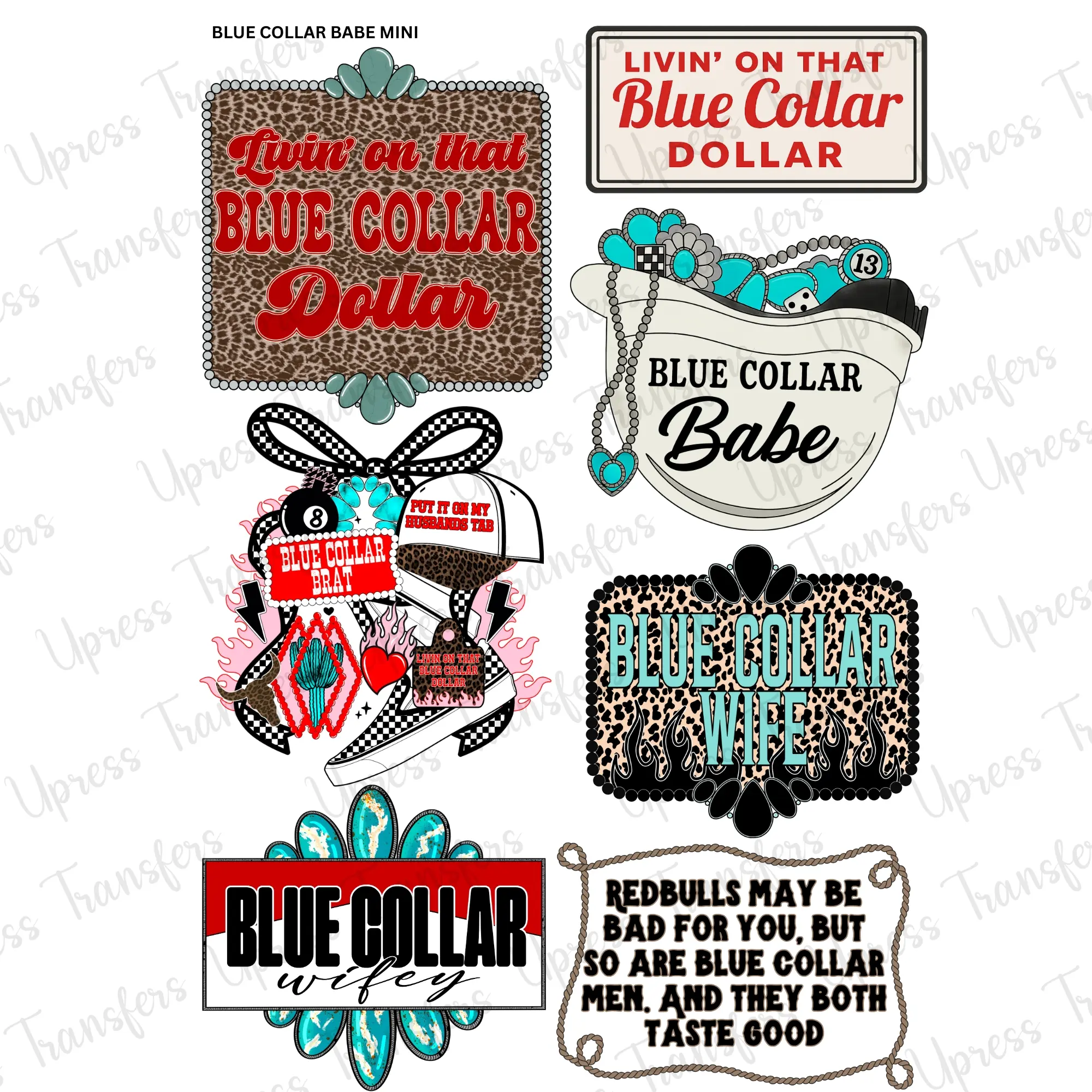 Blue collar Babe Mini DTF Transfer Gang Sheet 24.5" wide x 36" long. Direct To Film Mini Gang Sheet