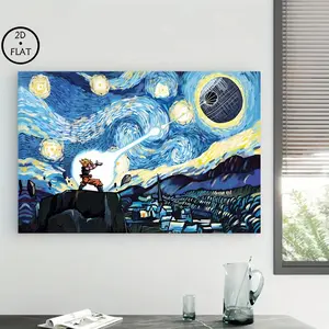 Van Gogh Starry Night x Goku Kamehameha x Death Star Crossover Canvas Wall Art, Classic Oil Painting Parody Poster, Framed or Unframed Print, Game Room Home Decor, Gift for Anime Fans