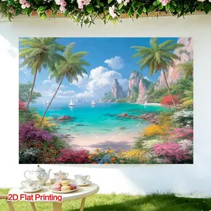 1pc Polyester Tropical Beach Landscape Photography Backdrop - Easy to Set Up, Ideal for Banners, Birthday Parties, Studio Use