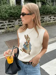 Women's Round Neck Peter Rabbit Print Sleeveless Casual Versatile Street Fashion Knit Vest, Cartoon Pattern