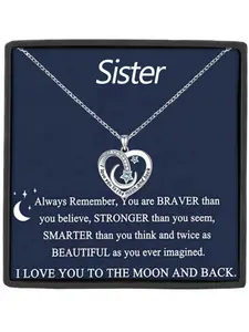 To My Sister Heart Moon Pendant Necklace, Friendship Jewelry, Sister Birthday Gift, Christmas Gifts, Includes Box and Card