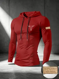 New Trendy Bull Print Hooded Long Sleeve Men's Sportswear, Ideal for Running and Hiking, Perfect for Active Lifestyle