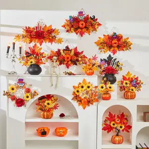 Halloween Indoor Decoration Set, Pumpkin Wreath, Maple Leaf Harvest Spider Web Door Hanging, Skull Ornament for Holiday Scene Setup