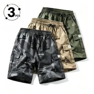 3-pack Men's camouflage cargo shorts, non-stretch fabric, wear-resistant and tear-resistant material, multi-purpose pockets, no rear pocket, adjustable waistband - suitable for gym workouts, hiking, and jobsite tasks; athletic bottom,solid pocket waist sh