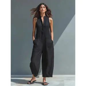 Casual Linen Blend Jumpsuit for Women – Sleeveless Button Stand Collar Loose Fit Summer Romper Vacation OutfitRAIMENTRY