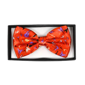 Men's Guitar Print Red Banded Bow Tie (Boxed)