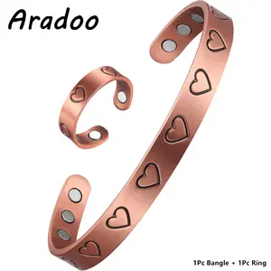 ARADOO Copper Bangle Ring Jewelry Sets for Women Love Heart Design Magnetic Therapy Cuff Bracelet Jewelry Gifts Aradoo