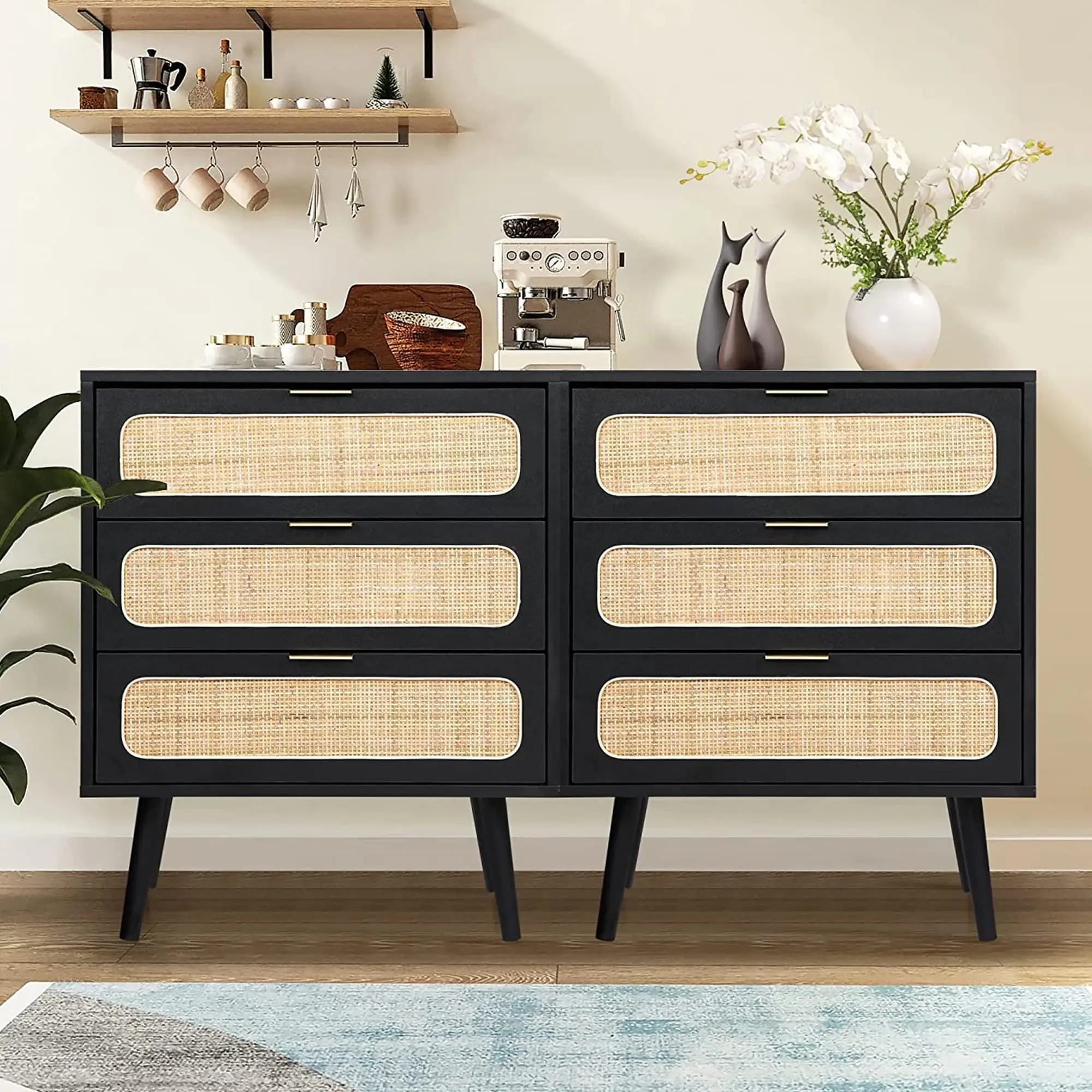 Giratree 2 Set Drawer Dresser, Rattan Chest of Drawers with 3 Drawer Dresser, Decorative Storage Cabinet, Modern Nightstand for Living Room, Bedroom,
