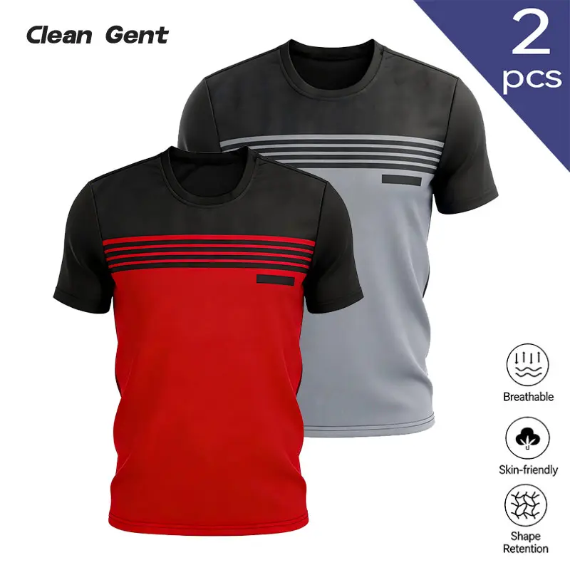 Clean Gent 2-Pack, men’s casual street-style crew neck T-shirts featuring a color-block design, polyester fabric, suitable for everyday wear, durable and machine washable.