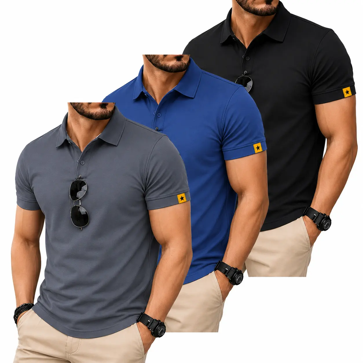ZITY Men's 3-Pack Short Sleeve Polo Shirts with Pocket, Moisture Wicking - Mensfashion, Athletic Sporty Tops for Golf, Workout - Black, Blue, Gray (Medium), Summer Wear