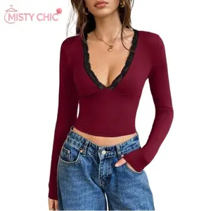 MISTY CHIC Deep V-Neck Long Sleeve Crop Top With Lace Trim, Slim Fitted Silhouette, Delicate Lace Patchwork Detail, Perfect For Shopping, Social Gatherings, Going Out And Versatile Street Style Outfits